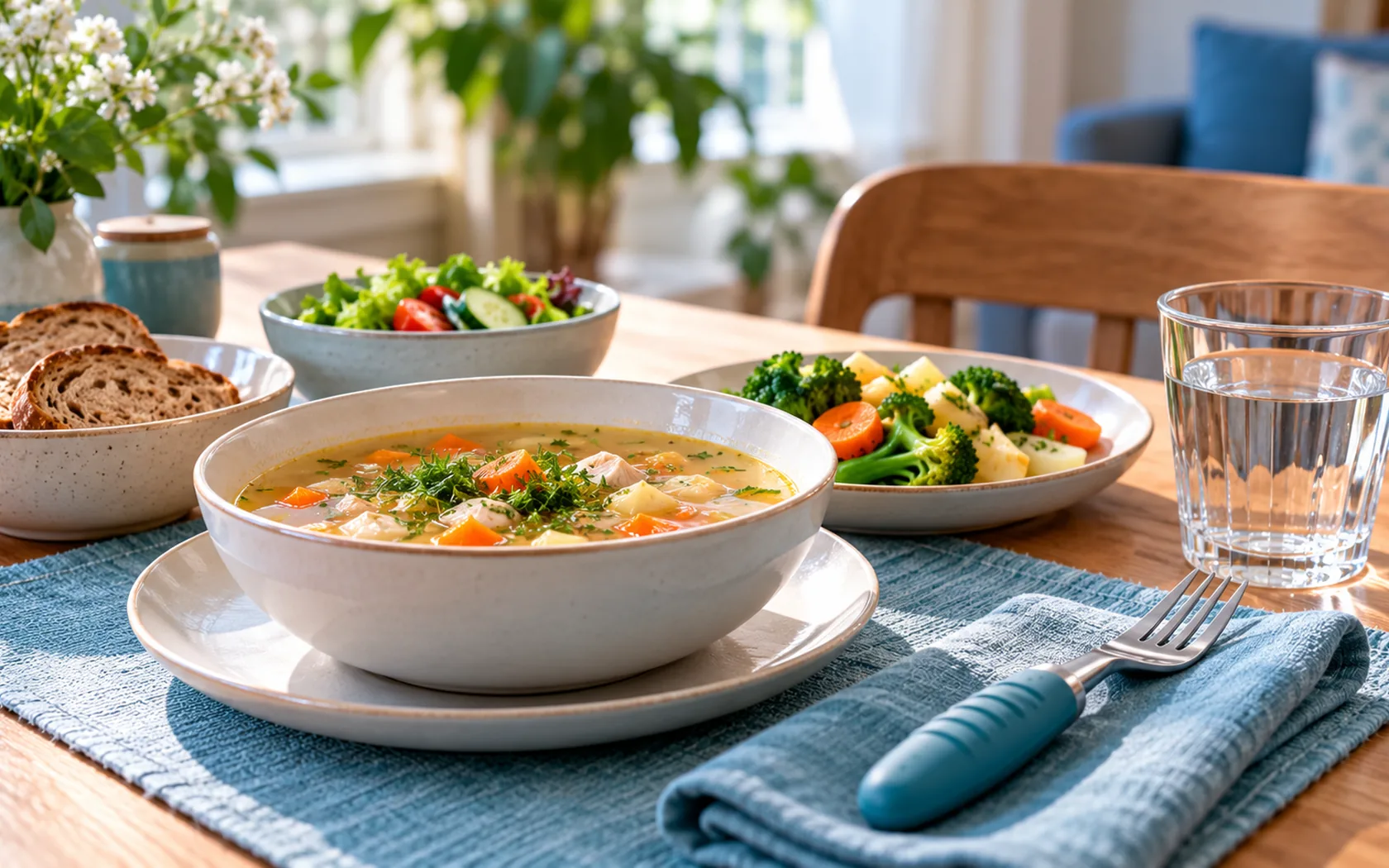 Спокойно сервированный стол с супом, овощами, хлебом и стаканом воды